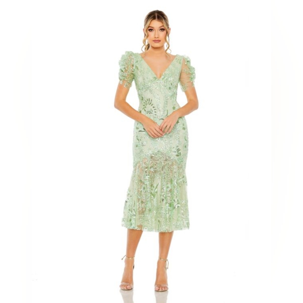 MAC DUGGAL 68266 Sheer Skirt Puff Sleeve Dress